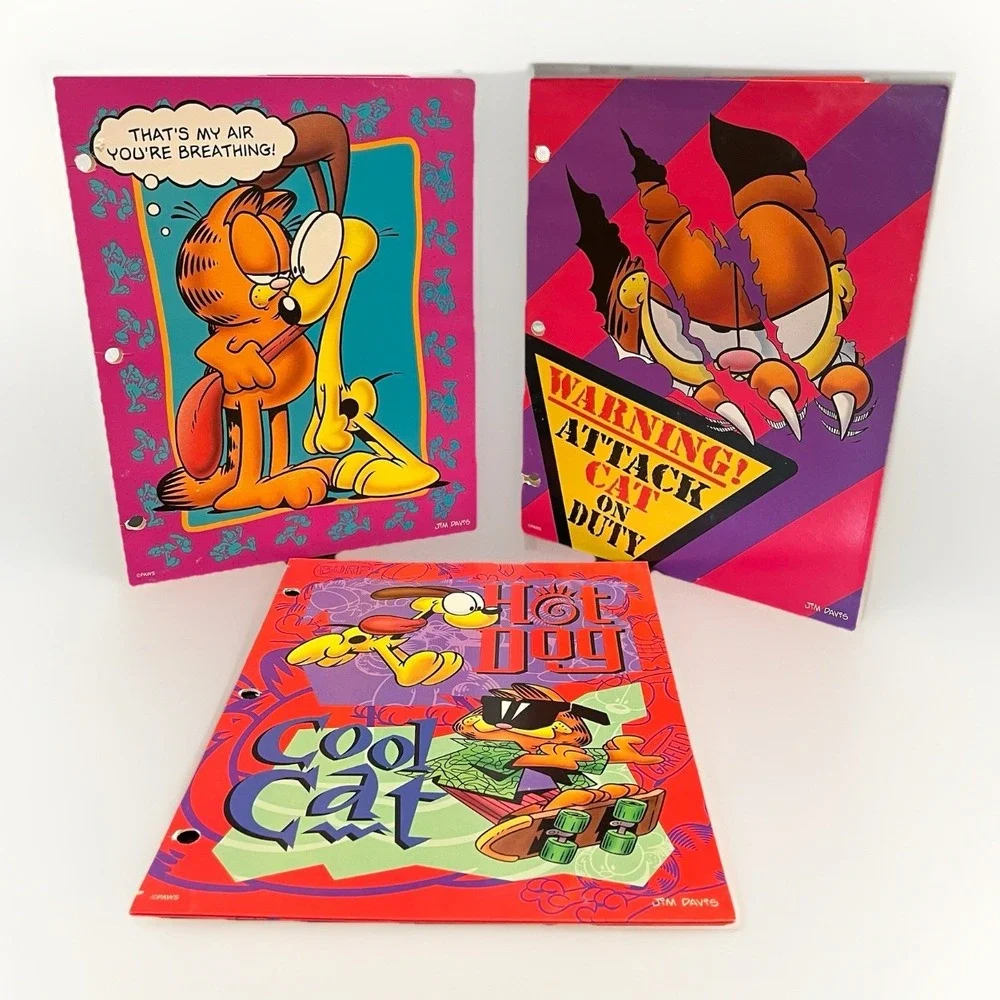 Garfield Odie PAWS 3 Ring Binder Pocket Folders Jim Davis School Lot 3 Vintage